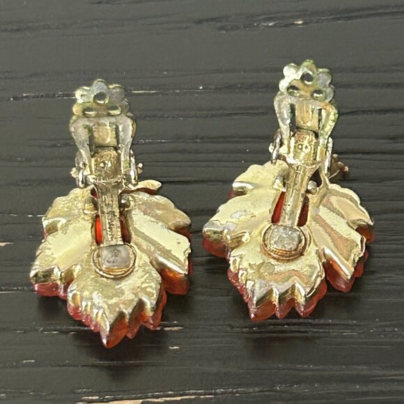 VTG LISNER Leaf Clip-On Earrings Gold Tone & Orange Molded Glass Fall Accessory - Picture 4 of 10